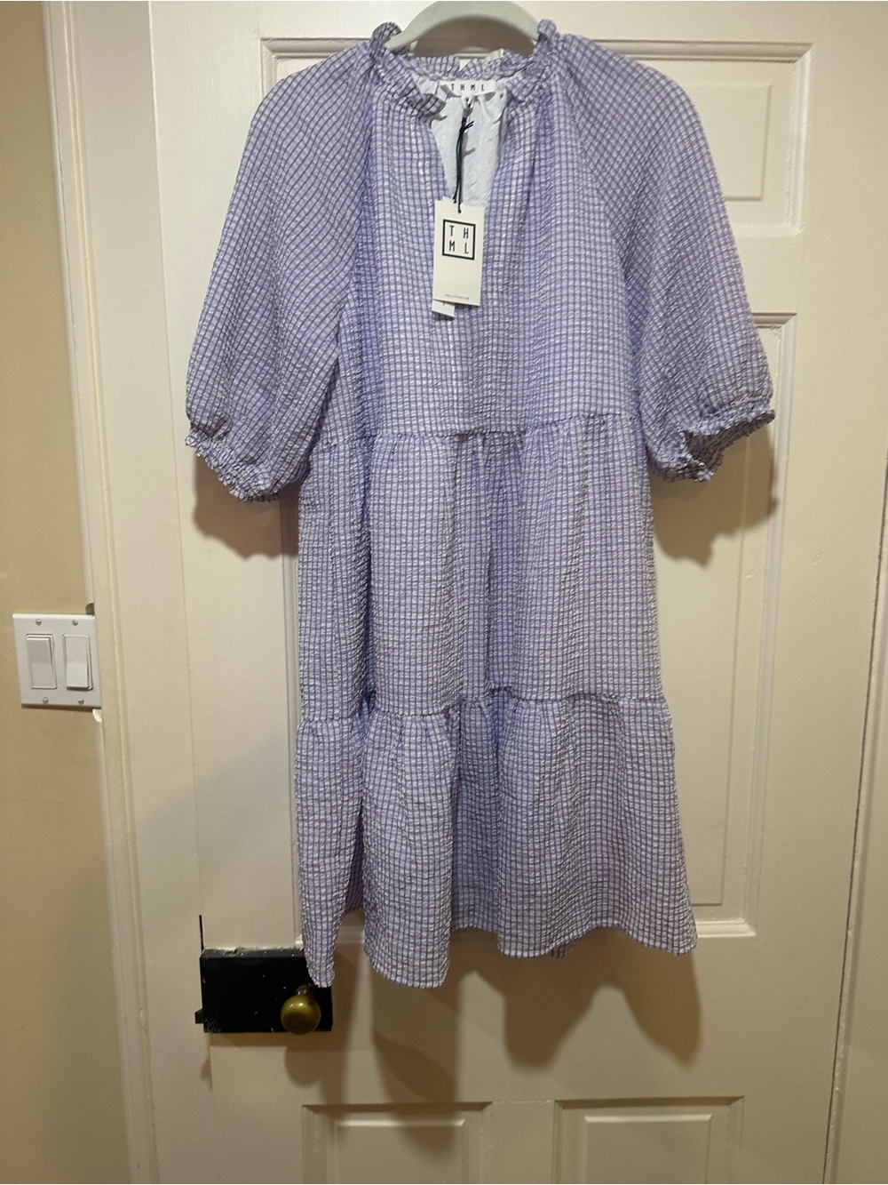 THML Lavender Gingham Tiered Puff-Sleeve Dress